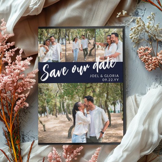 Carte Postale Faire-part Navy Script 4 Photos Mariage Enregistrer notre dat