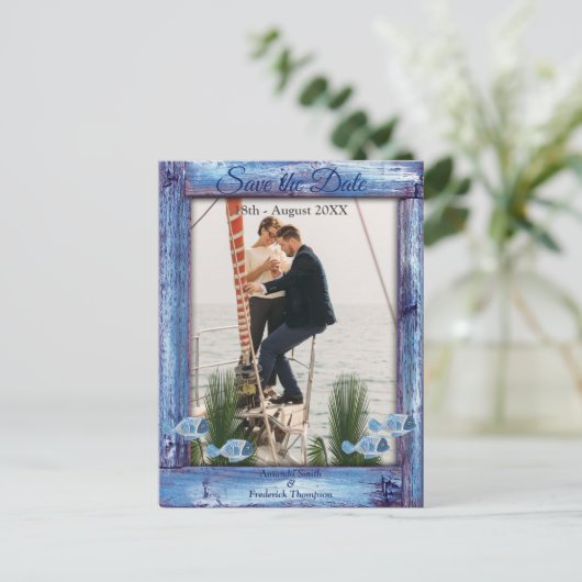 Carte Postale Faire-part Navy - Texte en bois texturé et poissons Enregistr (Debout devant)