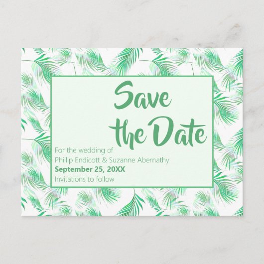 Carte Postale Faire-part Neo Mint Tropical Palm Feuilles Enregistrer la dat (Devant)
