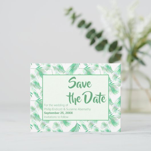 Carte Postale Faire-part Neo Mint Tropical Palm Feuilles Enregistrer la dat (Debout devant)