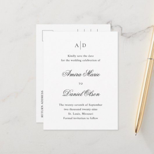 Carte Postale Faire-part Nettoyer Noir et Blanc Mariage Enregistrer la date (Devant/Arrière en situation)