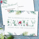 Carte Postale Faire-part New Family Home for the Holidays Christmas Moving<br><div class="desc">Beautiful watercolor moving announcement postcard to personalize for the holiday season. This light and airy botanical design has winter foliage and decorated typography in soft shades of grey, green and blue with a splash of red in the poinsettias and berries. The wording on the front reads "[your name] have a...</div>