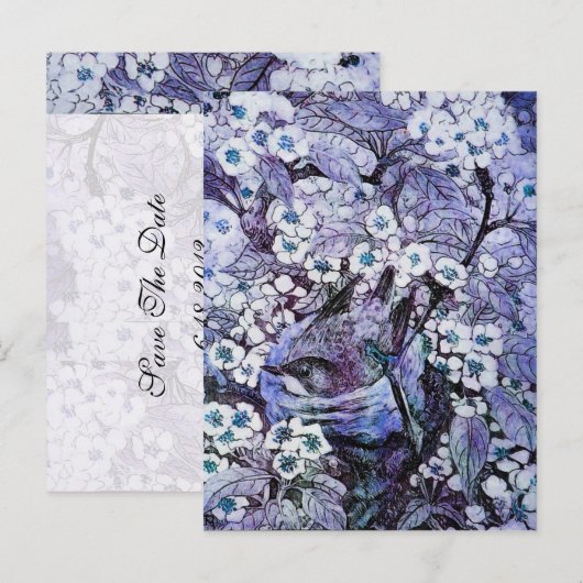 CARTE POSTALE FAIRE-PART NID D'OISEAU, ARBRE AUX FLEURS BLANCHES ET BLEUES  (Devant / Derrière)