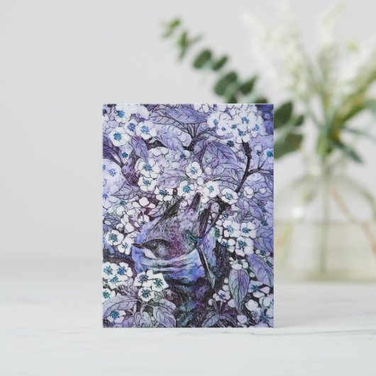 CARTE POSTALE FAIRE-PART NID D'OISEAU, ARBRE AUX FLEURS BLANCHES ET BLEUES  (Debout devant)