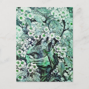 CARTE POSTALE FAIRE-PART NID D'OISEAU, ARBRE AUX FLEURS BLANCHES ET VERTES 