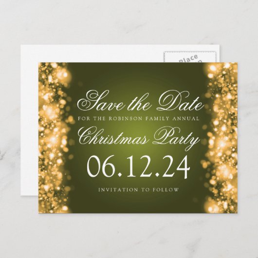 Carte Postale Faire-part Noël Enregistrer La Date Sparkling Gold Green (Devant / Derrière)