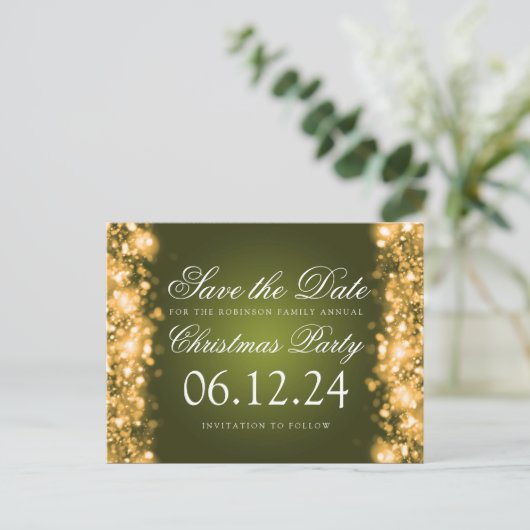 Carte Postale Faire-part Noël Enregistrer La Date Sparkling Gold Green (Debout devant)