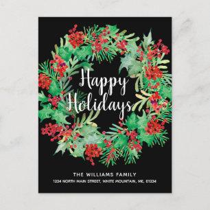 Carte Postale Faire-part Noël Holly Wreath Joyeuses fêtes Black Moving