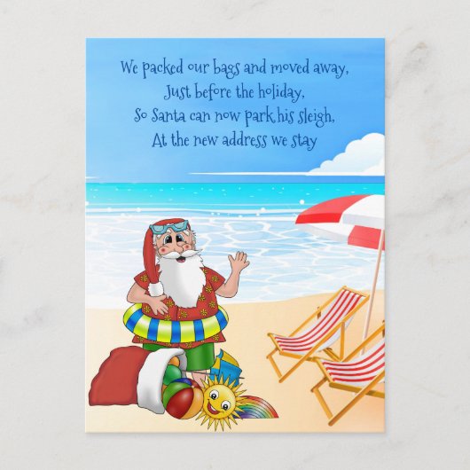 Carte Postale Faire-part Noël Vacances Déménager Père Noël sur la plage (Devant)