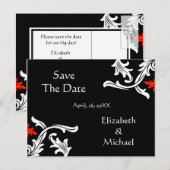 Carte Postale Faire-part Noir avec blanc, Rouge Mariage damassé Enregistrer (Devant / Derrière)