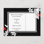 Carte Postale Faire-part Noir avec blanc, Rouge Mariage damassé Enregistrer (Dos)