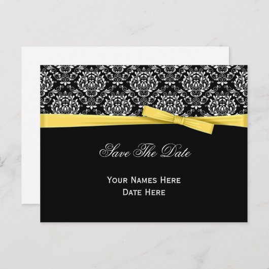 Carte Postale Faire-part Noir Blanc Damask Yellow Bow Ribbon Enregistrer La (Devant / Derrière)