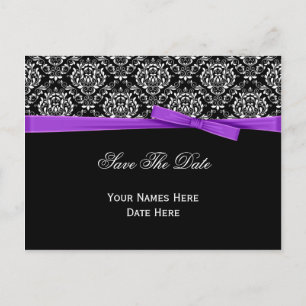 Carte Postale Faire-part Noir Blanc Damassé Ruban Nœud Violet Save The Date