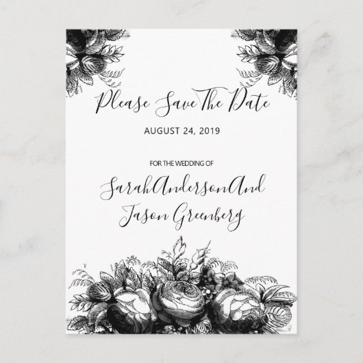 Carte Postale Faire-part Noir Blanc Encre Floral Mariage Enregistrer La Dat (Devant)