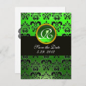 Carte Postale Faire-part NOIR BLANC ET VERT DAMASK EMERALD Monogramme (Devant / Derrière)