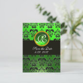 Carte Postale Faire-part NOIR BLANC ET VERT DAMASK EMERALD Monogramme (Debout devant)