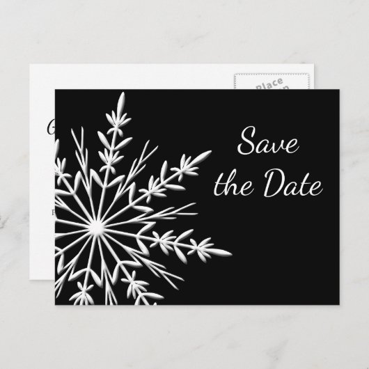 Carte Postale Faire-part Noir blanc Flocon de neige Mariage d'hiver Enregis (Devant / Derrière)