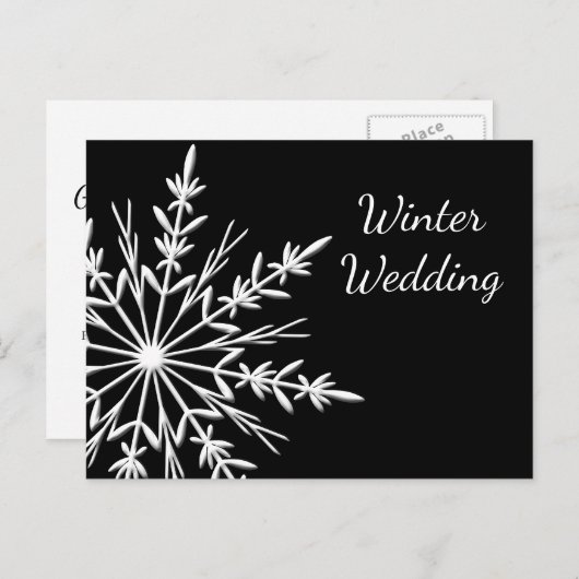 Carte Postale Faire-part Noir blanc Flocon de neige Mariage d'hiver Enregis (Devant / Derrière)