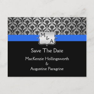 Carte Postale Faire-part Noir Bleu Royal Argent Monogramme Damassé Épargnez