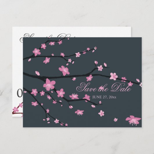 Carte Postale Faire-part Noir Cerisier Fleur Mariage Enregistrer La Date Ca (Devant / Derrière)