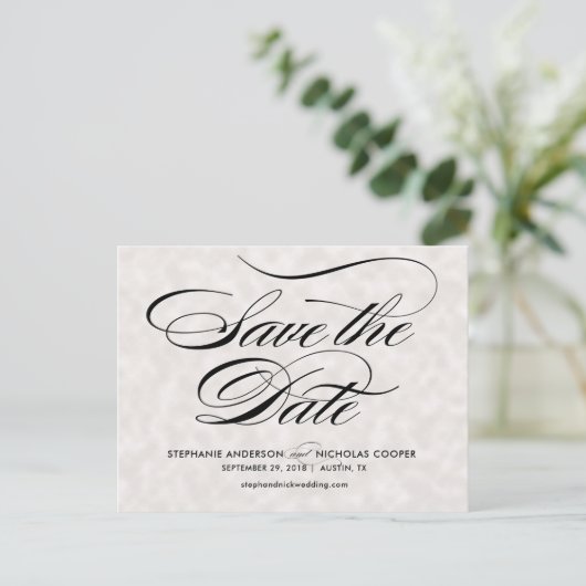Carte Postale Faire-part Noir élégant script perle mariage enregistrer la d (Debout devant)
