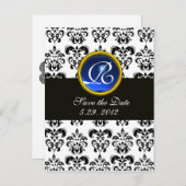 CARTE POSTALE FAIRE-PART NOIR ET BLANC DAMASK BLEU SAPPHIRE MONOGRAM (Devant / Derrière)
