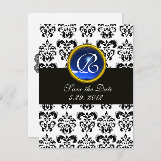 CARTE POSTALE FAIRE-PART NOIR ET BLANC DAMASK BLEU SAPPHIRE MONOGRAM (Devant / Derrière)
