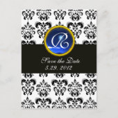 CARTE POSTALE FAIRE-PART NOIR ET BLANC DAMASK BLEU SAPPHIRE MONOGRAM (Devant)