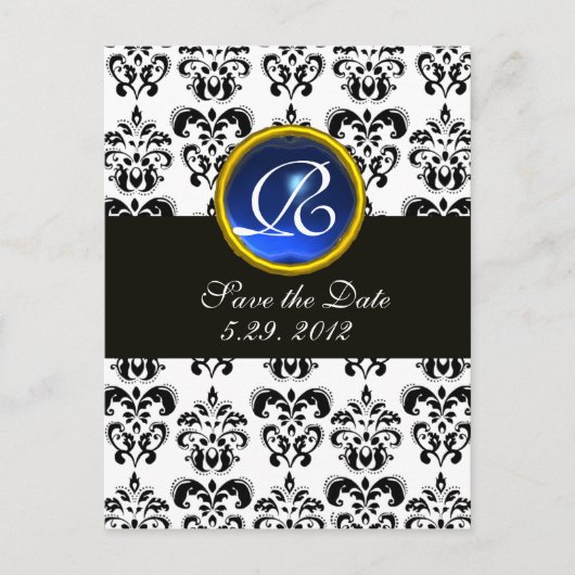 CARTE POSTALE FAIRE-PART NOIR ET BLANC DAMASK BLEU SAPPHIRE MONOGRAM (Devant)