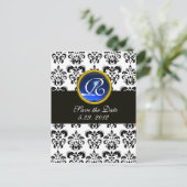 CARTE POSTALE FAIRE-PART NOIR ET BLANC DAMASK BLEU SAPPHIRE MONOGRAM (Debout devant)