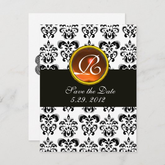 Carte Postale Faire-part NOIR ET BLANC DAMASK Orange Agate Monogramme (Devant / Derrière)