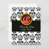 CARTE POSTALE FAIRE-PART NOIR ET BLANC DOMMASK ROUGE RUBY MONOGRAM (Devant / Derrière)