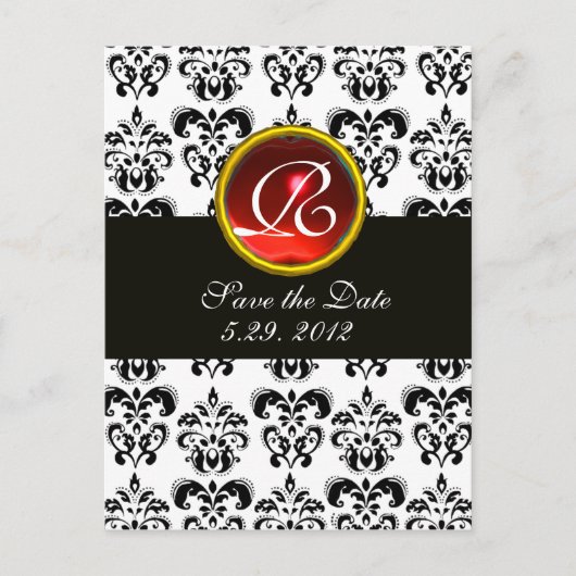 CARTE POSTALE FAIRE-PART NOIR ET BLANC DOMMASK ROUGE RUBY MONOGRAM (Devant)