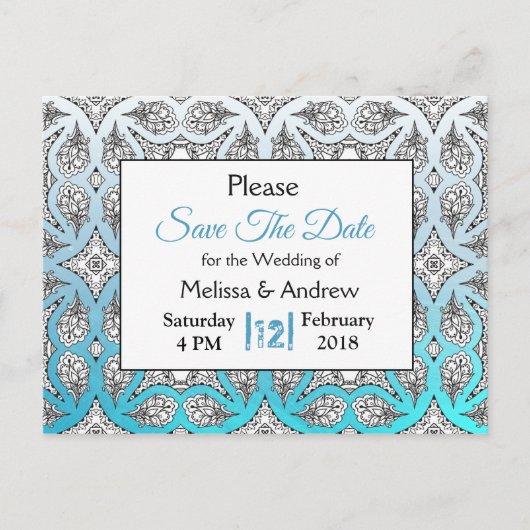Carte Postale Faire-part Noir et Bleu Mariage Mandala Enregistrer la date (Devant)