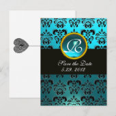 Carte Postale Faire-part NOIR ET BLEU TURQUOISE DAMASSÉ GRAVÉ Monogramme (Devant / Derrière)