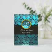 Carte Postale Faire-part NOIR ET BLEU TURQUOISE DAMASSÉ GRAVÉ Monogramme (Debout devant)