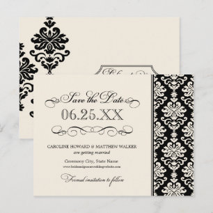 Carte Postale Faire-part Noir et ivoire Elegant Damask Enregistrer la date
