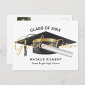 Carte Postale Faire-part Noir et or Moderne Casquette diplômé (Devant / Derrière)