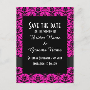 Carte Postale Faire-part Noir et rose save the date en damas