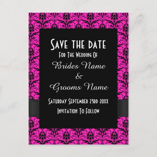Carte Postale Faire-part Noir et rose save the date en damas (Devant)