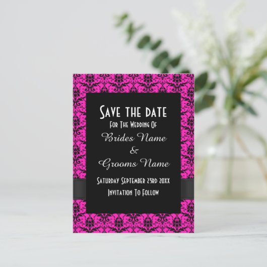 Carte Postale Faire-part Noir et rose save the date en damas (Debout devant)