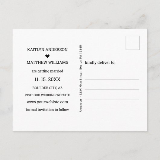 Carte Postale Faire-part Noir moderne photo mariage Enregistrer la date (Dos)