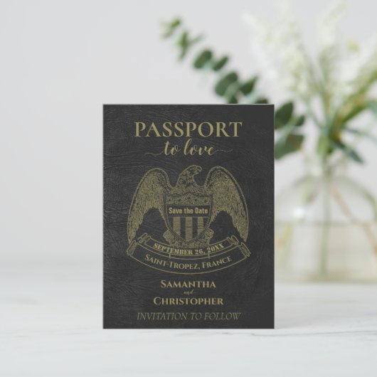 Carte Postale Faire-part Noir Passport mignon mariage amusant Enregistrer l (Debout devant)