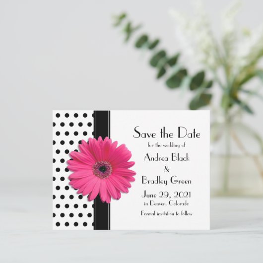 Carte Postale Faire-part Noir Pois Rose Daisy Mariage Enregistrer la date (Debout devant)