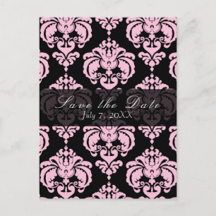Carte Postale Faire-part Noir & rose Damask Chic Wedding Enregistrer la dat