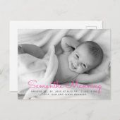 Carte Postale Faire-part Nom | Annonce de naissance photo avec texte rose (Devant / Derrière)