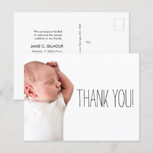 Carte Postale Faire-part Nom du Merci photo minimaliste de Baby shower
