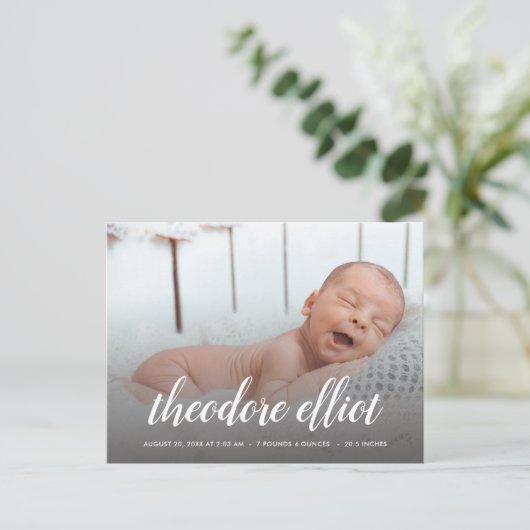 Carte Postale Faire-part Nom du script Photo Overlay Birth (Debout devant)