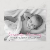 Carte Postale Faire-part Nom | Photo de script rose pour bébé fille (Devant)