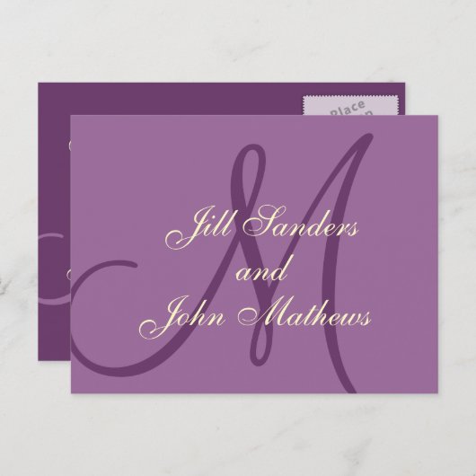 Carte Postale Faire-part Noms de monogrammes de crème violette Enregistrer (Devant / Derrière)